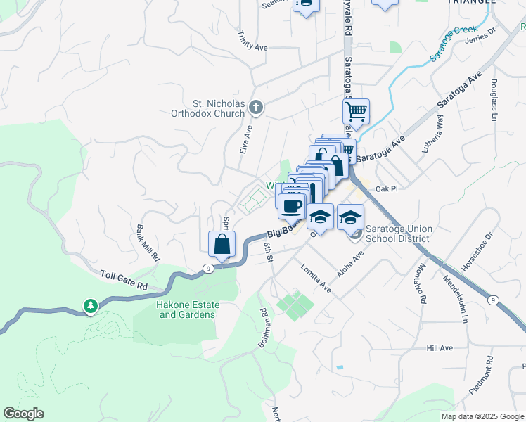 map of restaurants, bars, coffee shops, grocery stores, and more near 20812 4th Street in Saratoga