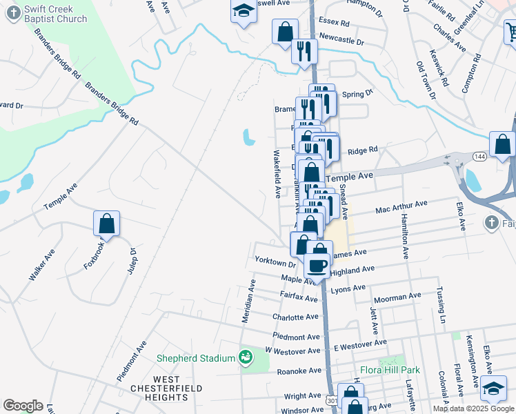 map of restaurants, bars, coffee shops, grocery stores, and more near 1400 Branders Bridge Road in Colonial Heights