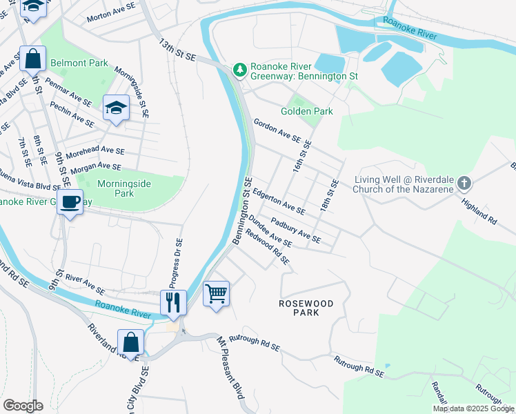map of restaurants, bars, coffee shops, grocery stores, and more near 1811 Jerome Street Southeast in Roanoke