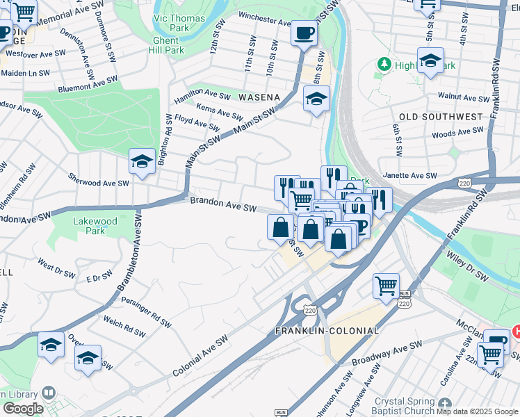 map of restaurants, bars, coffee shops, grocery stores, and more near 719 Brandon Avenue Southwest in Roanoke
