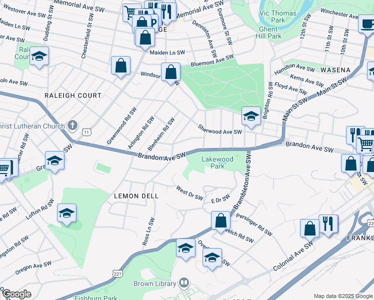 map of restaurants, bars, coffee shops, grocery stores, and more near 1529 Brandon Avenue Southwest in Roanoke