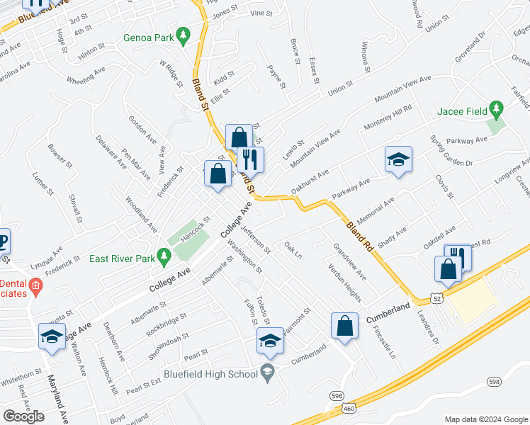 map of restaurants, bars, coffee shops, grocery stores, and more near 114 Lake Street in Bluefield