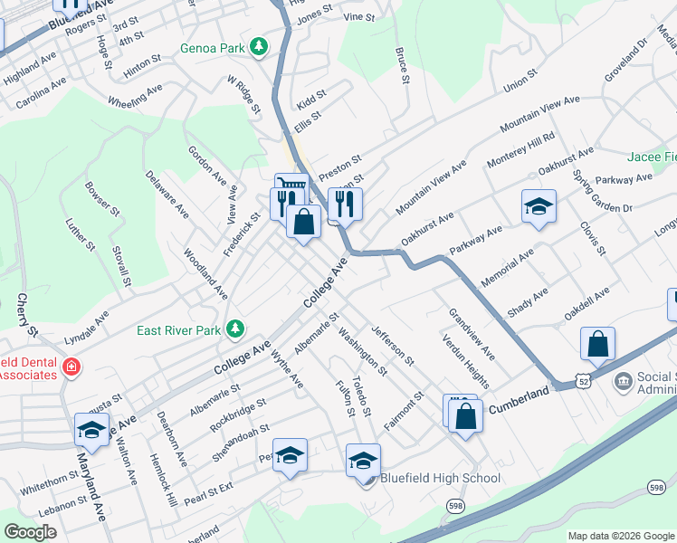 map of restaurants, bars, coffee shops, grocery stores, and more near 1900 Vineyard Street in Bluefield