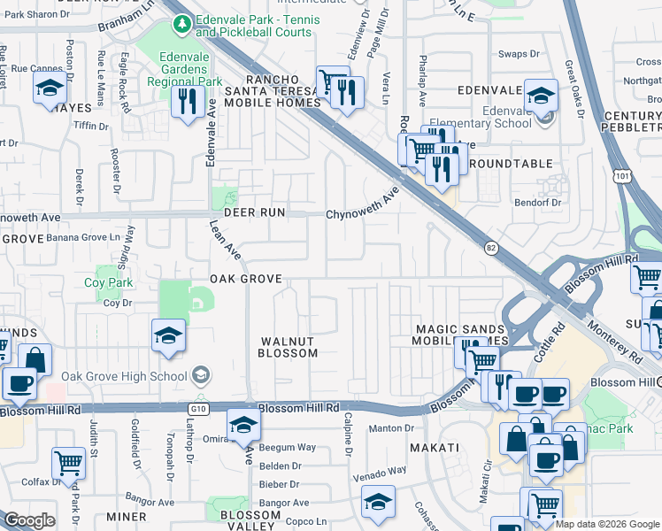 map of restaurants, bars, coffee shops, grocery stores, and more near 5396 Gerine Blossom Drive in San Jose