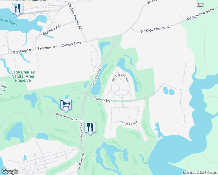 map of restaurants, bars, coffee shops, grocery stores, and more near 106 Old Course Loop in Cape Charles