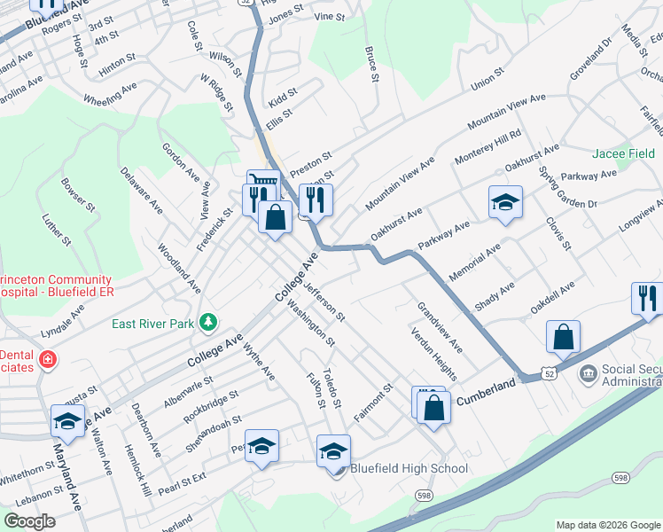 map of restaurants, bars, coffee shops, grocery stores, and more near 1915 Vineyard Street in Bluefield