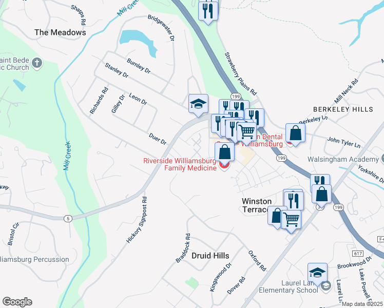 map of restaurants, bars, coffee shops, grocery stores, and more near 1510 Queens Way in Williamsburg