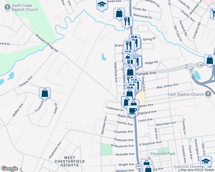 map of restaurants, bars, coffee shops, grocery stores, and more near 1400 Branders Bridge Road in Colonial Heights