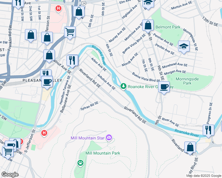 map of restaurants, bars, coffee shops, grocery stores, and more near 631 Arbutus Avenue Southeast in Roanoke