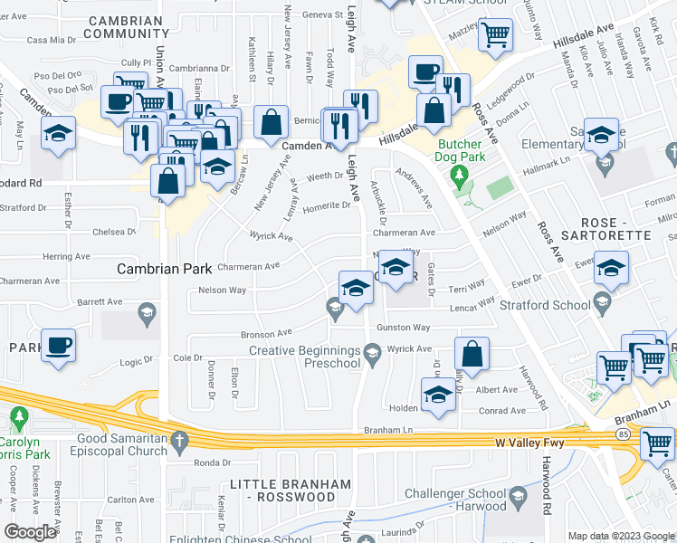 map of restaurants, bars, coffee shops, grocery stores, and more near 14558 Nelson Way in San Jose