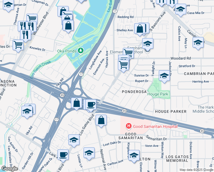 map of restaurants, bars, coffee shops, grocery stores, and more near 14566 South Bascom Avenue in Los Gatos