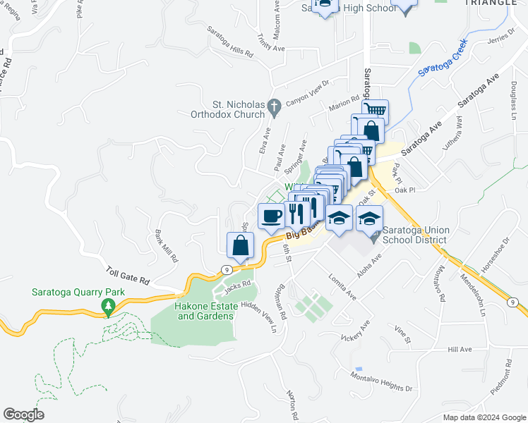 map of restaurants, bars, coffee shops, grocery stores, and more near 20760 4th Street in Saratoga