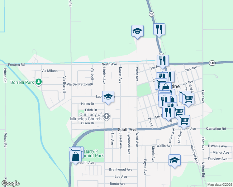 map of restaurants, bars, coffee shops, grocery stores, and more near 285 1/2 Laurel Avenue in Gustine
