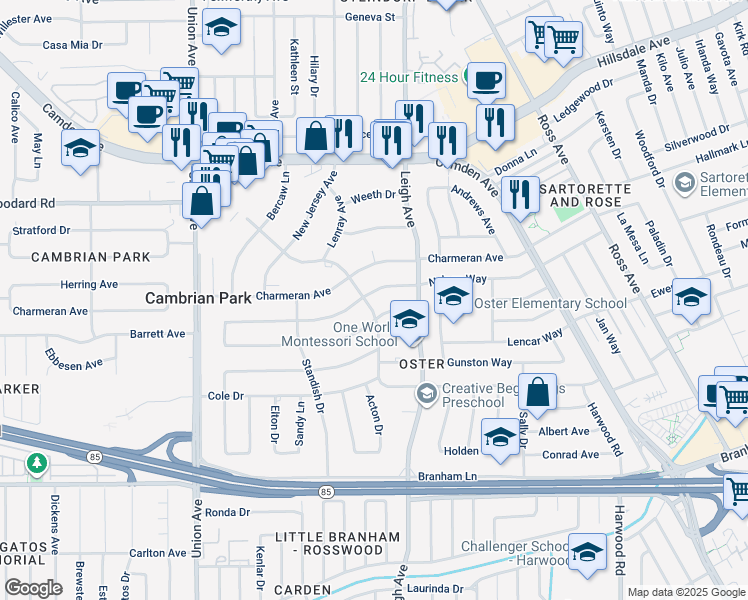 map of restaurants, bars, coffee shops, grocery stores, and more near 14570 Wyrick Avenue in San Jose