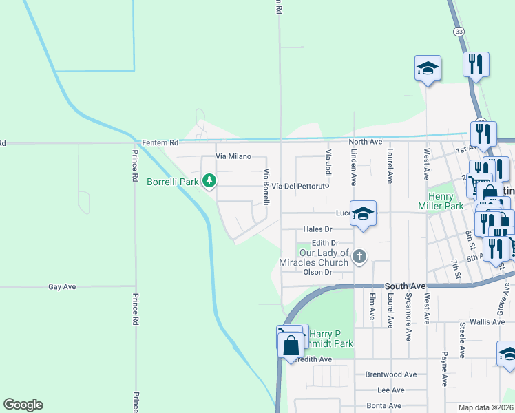 map of restaurants, bars, coffee shops, grocery stores, and more near 216 Via Sansosti in Gustine