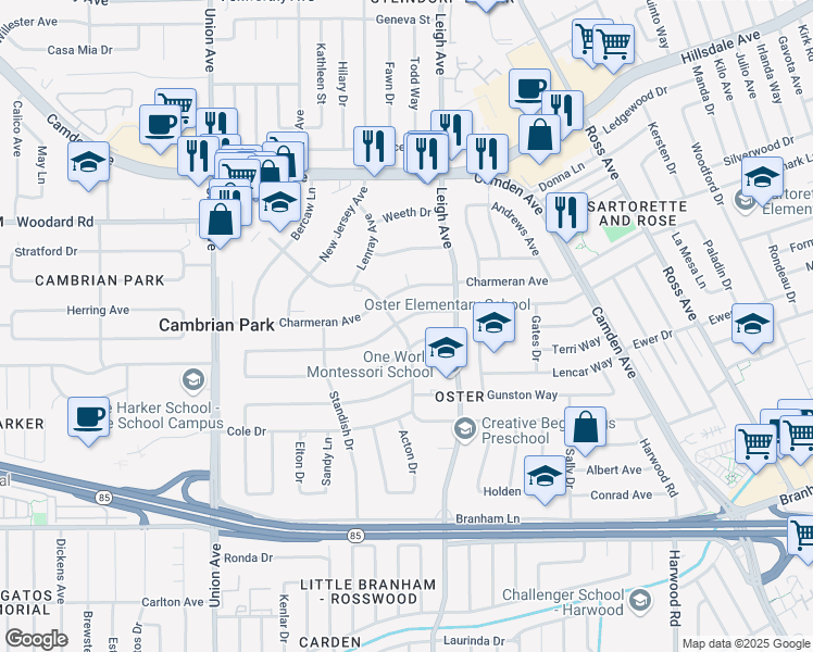 map of restaurants, bars, coffee shops, grocery stores, and more near 14570 Wyrick Avenue in San Jose