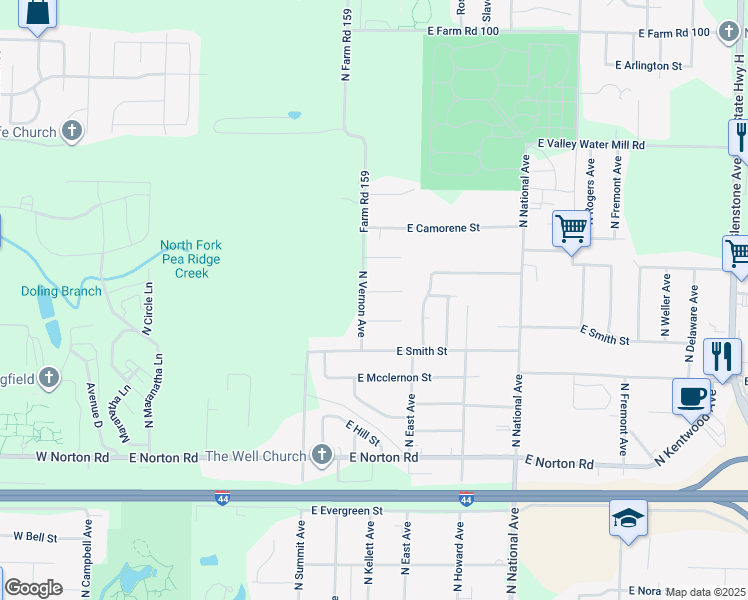 map of restaurants, bars, coffee shops, grocery stores, and more near 914 East Caravan Street in Springfield