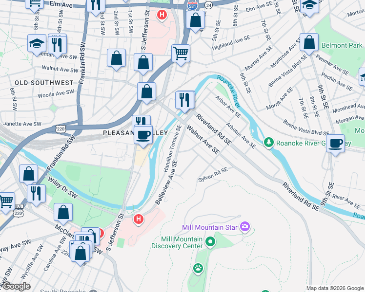 map of restaurants, bars, coffee shops, grocery stores, and more near 1240 Belleview Avenue Southeast in Roanoke