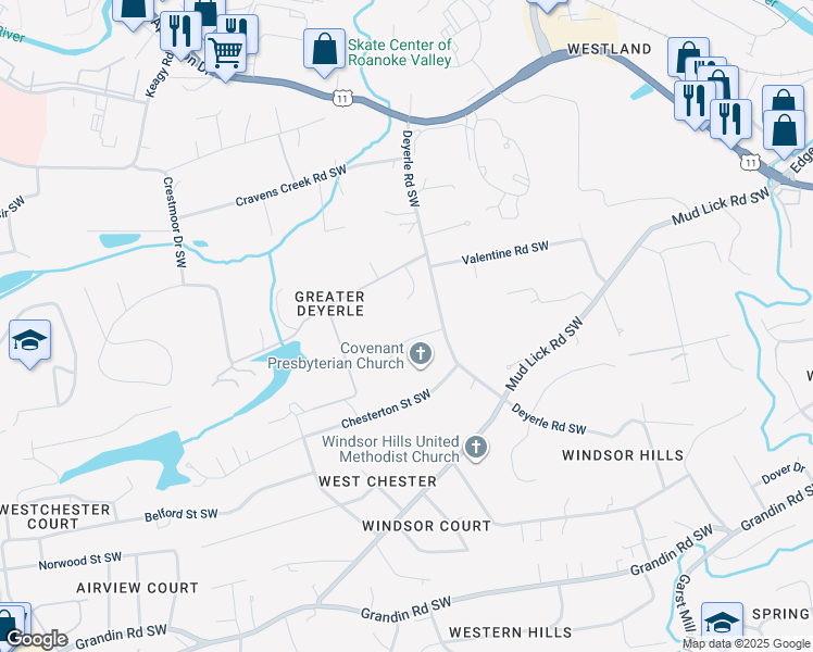 map of restaurants, bars, coffee shops, grocery stores, and more near 3723 Renfield Drive Southwest in Roanoke