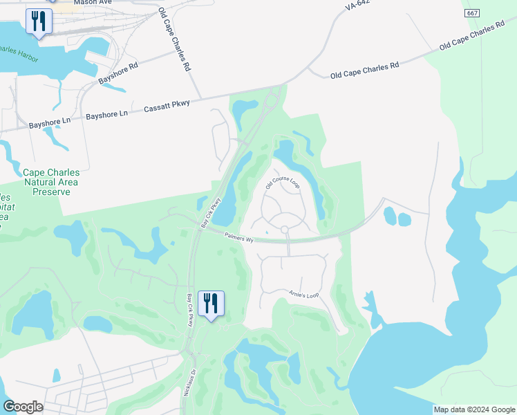 map of restaurants, bars, coffee shops, grocery stores, and more near 106 Old Course Loop in Cape Charles
