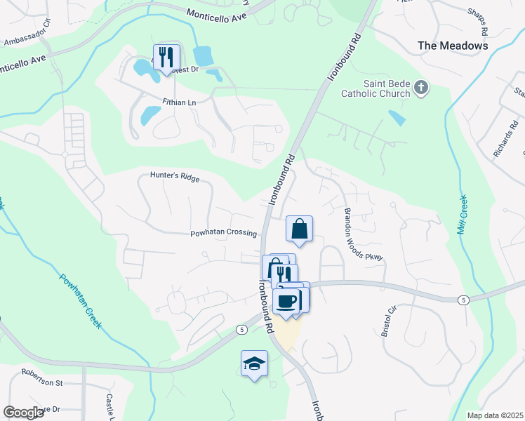 map of restaurants, bars, coffee shops, grocery stores, and more near 3393 Ironbound Road in Williamsburg