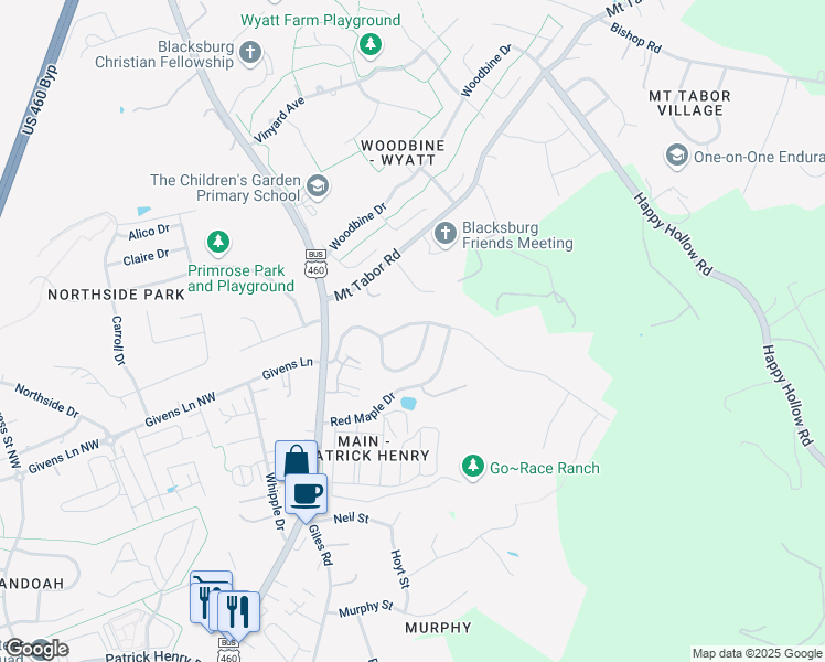 map of restaurants, bars, coffee shops, grocery stores, and more near 208 Heartwood Crossing in Blacksburg