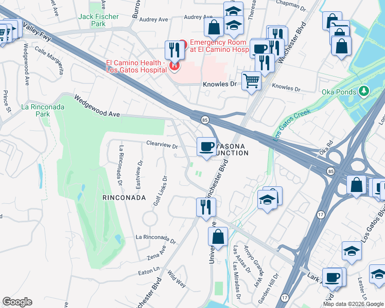map of restaurants, bars, coffee shops, grocery stores, and more near 101 Greenfield Place in Los Gatos