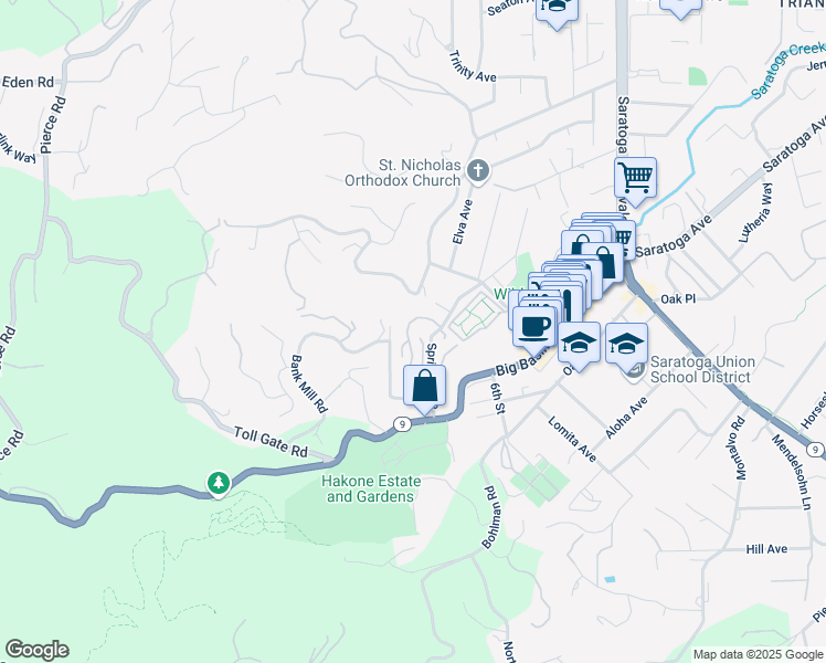map of restaurants, bars, coffee shops, grocery stores, and more near 14640 Fieldstone Drive in Saratoga