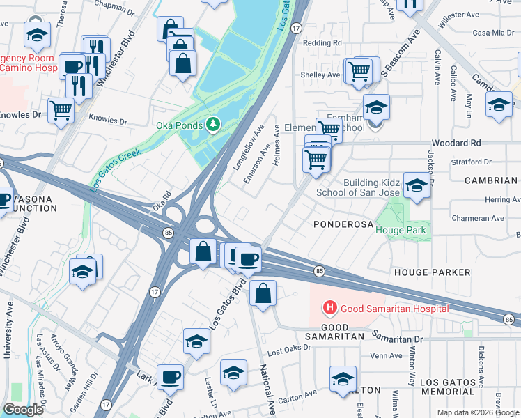 map of restaurants, bars, coffee shops, grocery stores, and more near 16160 Loretta Lane in Los Gatos