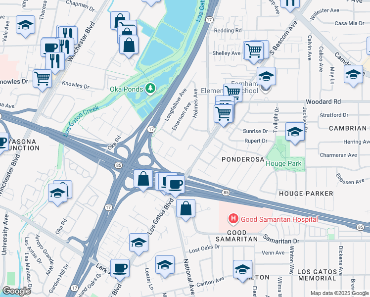 map of restaurants, bars, coffee shops, grocery stores, and more near 188 Kilmer Avenue in Campbell