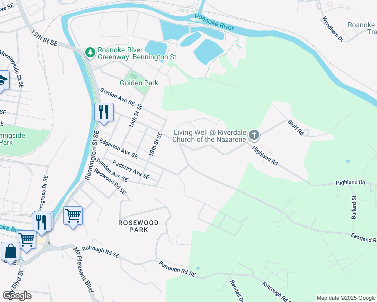 map of restaurants, bars, coffee shops, grocery stores, and more near 2017 Riverdale Road Southeast in Roanoke
