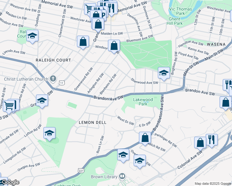 map of restaurants, bars, coffee shops, grocery stores, and more near 1608 Terrace Road Southwest in Roanoke