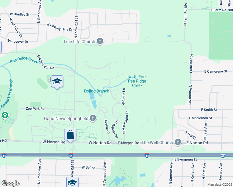 map of restaurants, bars, coffee shops, grocery stores, and more near 3195 North Circle Lane in Springfield