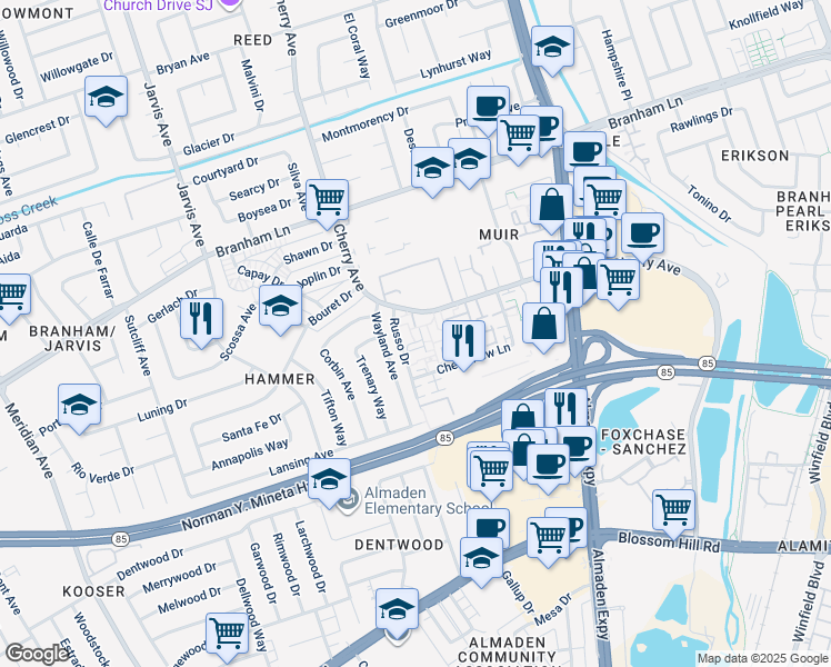 map of restaurants, bars, coffee shops, grocery stores, and more near 4951 Cherry Avenue in San Jose