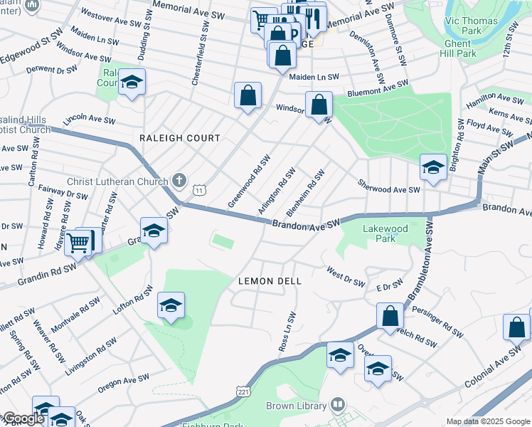 map of restaurants, bars, coffee shops, grocery stores, and more near 1906 Arlington Road Southwest in Roanoke