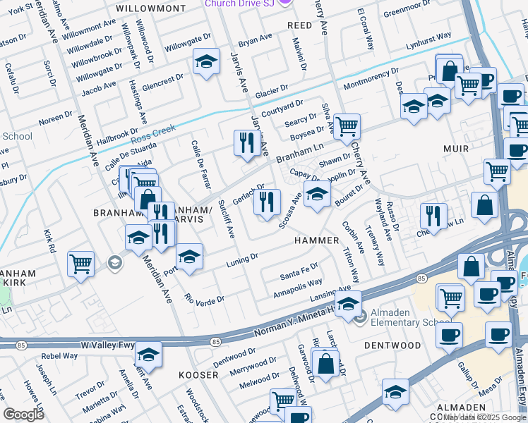 map of restaurants, bars, coffee shops, grocery stores, and more near 4756 Bordwell Drive in San Jose