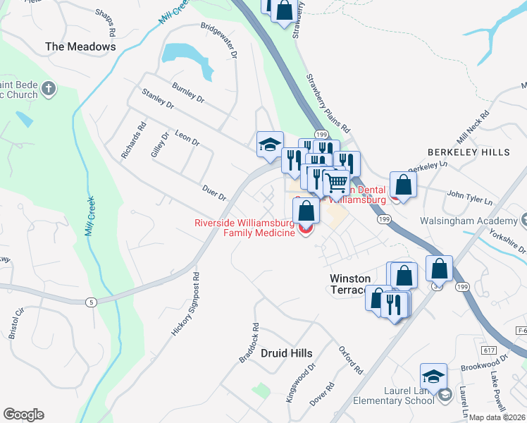 map of restaurants, bars, coffee shops, grocery stores, and more near 1504 Queens Crossing in Williamsburg