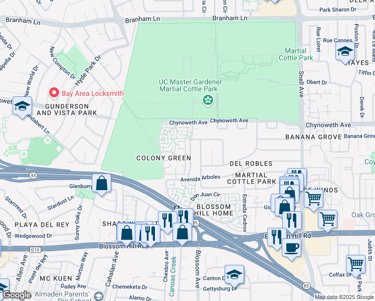 map of restaurants, bars, coffee shops, grocery stores, and more near 5412 Colony Green Drive in San Jose