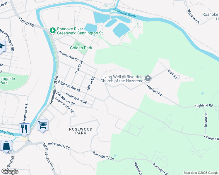 map of restaurants, bars, coffee shops, grocery stores, and more near 2017 Riverdale Road Southeast in Roanoke