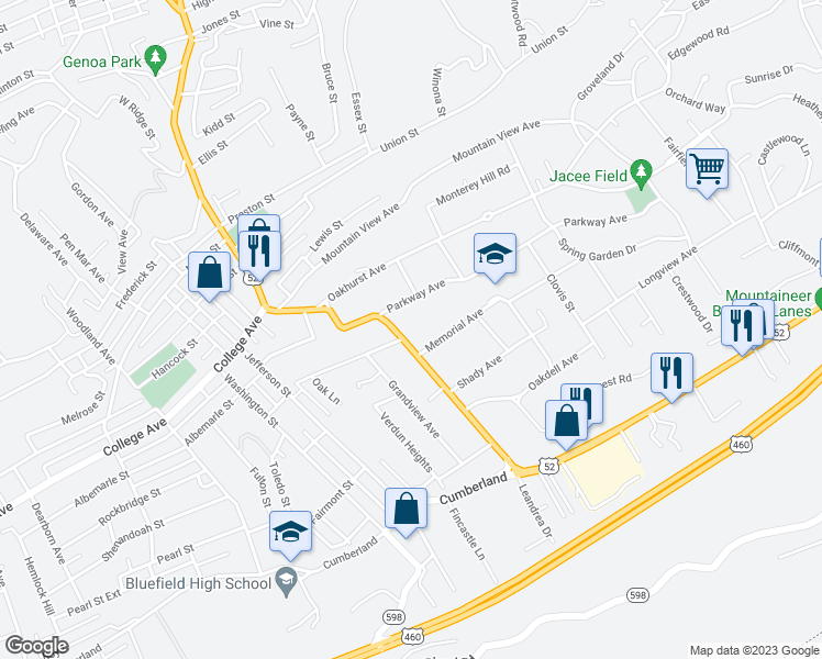 map of restaurants, bars, coffee shops, grocery stores, and more near 2415 Bland Rd in Bluefield