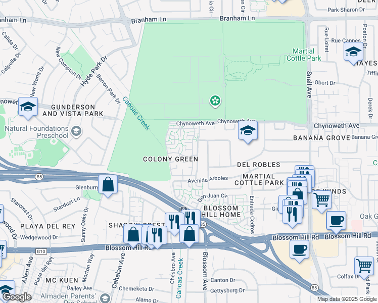 map of restaurants, bars, coffee shops, grocery stores, and more near 5412 Colony Green Drive in San Jose