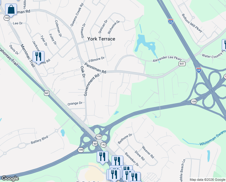 map of restaurants, bars, coffee shops, grocery stores, and more near 207 Cheeseman Road in Williamsburg