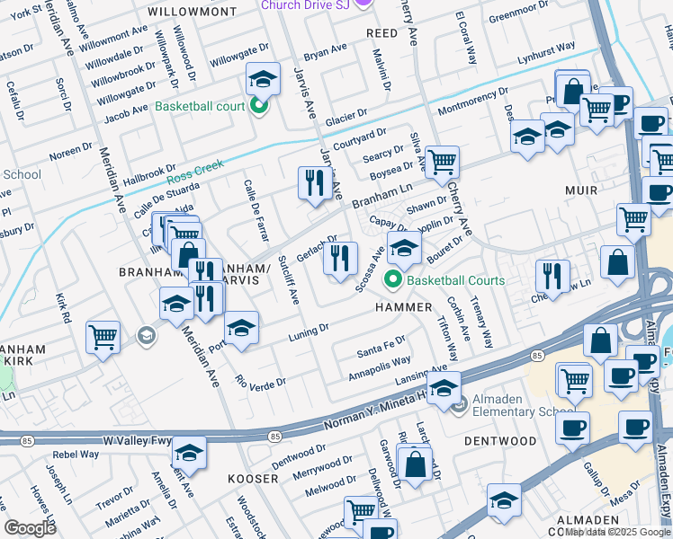 map of restaurants, bars, coffee shops, grocery stores, and more near 4756 Bordwell Drive in San Jose