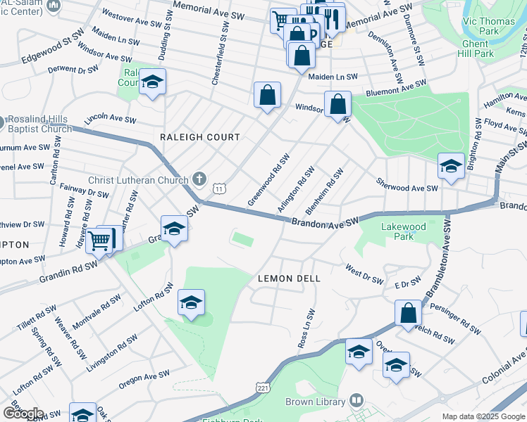 map of restaurants, bars, coffee shops, grocery stores, and more near 1815 Brandon Avenue Southwest in Roanoke