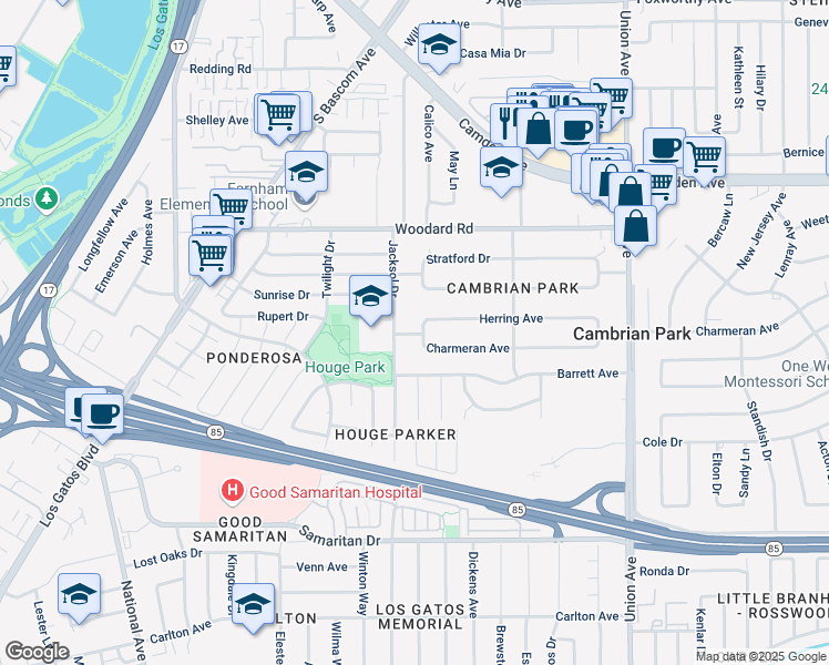 map of restaurants, bars, coffee shops, grocery stores, and more near 15467 Charmeran Avenue in San Jose