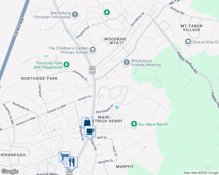 map of restaurants, bars, coffee shops, grocery stores, and more near 201 Heartwood Crossing in Blacksburg