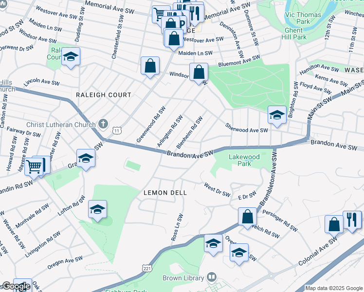 map of restaurants, bars, coffee shops, grocery stores, and more near 1912 Blenheim Road Southwest in Roanoke