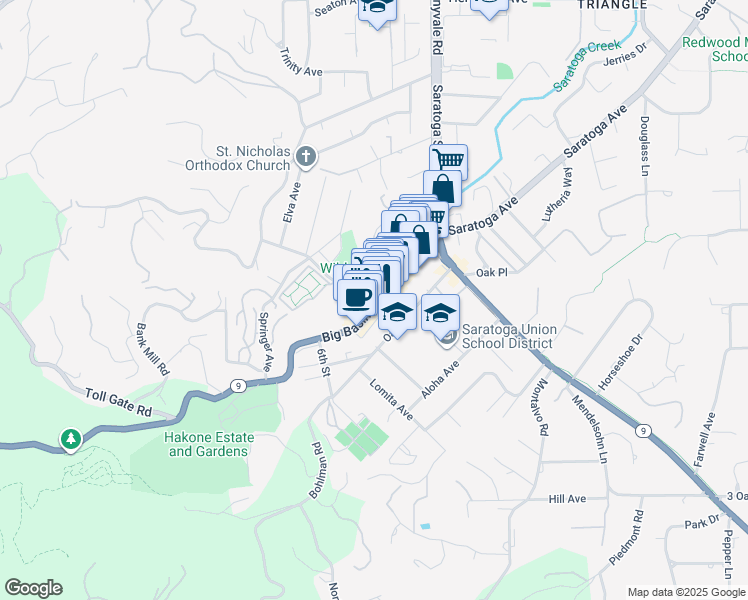 map of restaurants, bars, coffee shops, grocery stores, and more near 14510 Big Basin Way in Saratoga