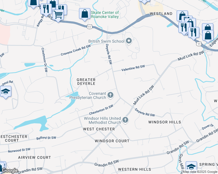 map of restaurants, bars, coffee shops, grocery stores, and more near 3717 Renfield Rd SW in Roanoke