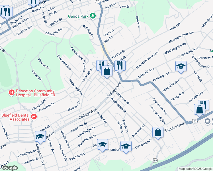 map of restaurants, bars, coffee shops, grocery stores, and more near Hancock Street in Bluefield